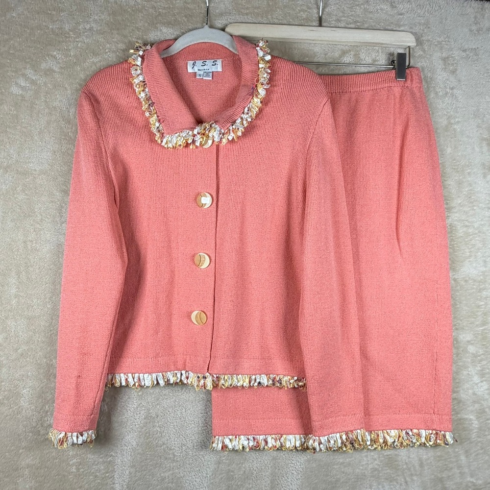 J.S.S. Women Pink Wool Blend Knit Skirt Suit Ribbon Fringe Trim Set Size S USA